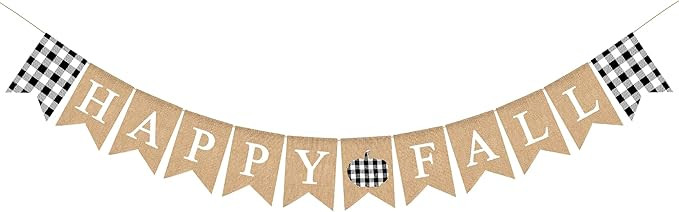 Whaline Happy Fall Burlap Banner Rustic White Black Buffalo Plaid Pumpkin Bunting Flag Garland Fa... | Amazon (US)