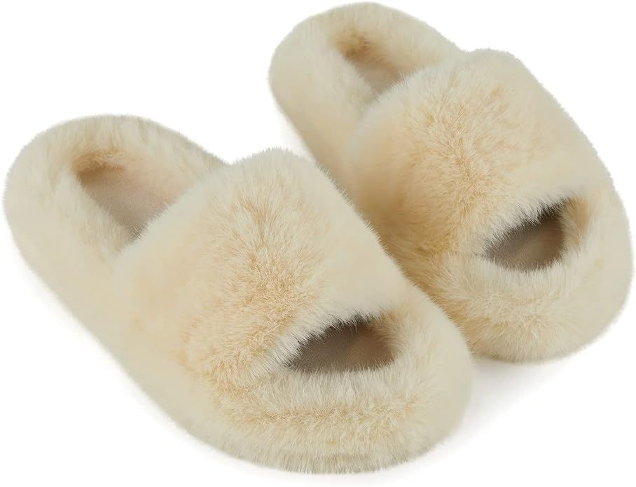 Womens House Slippers Cross Band Open Toe Soft Plush Fleece Bedroom Slippers Memory Foam Comfy Fu... | Amazon (US)