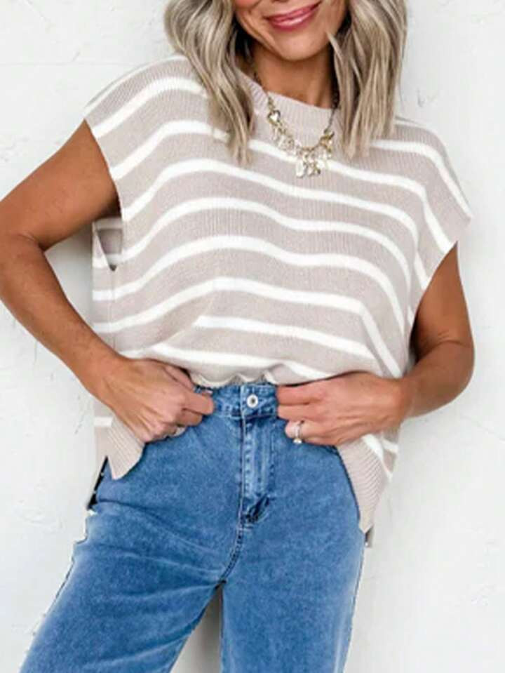 CILKOO Stripe Side Slits Crewneck Short Sleeve Sweater Tee | SHEIN