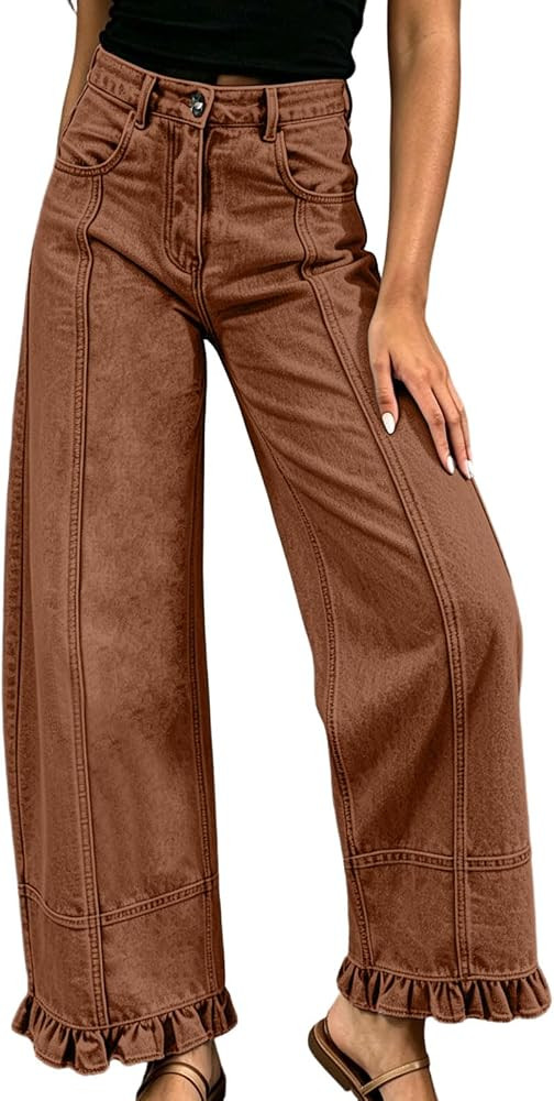 Wide Leg Jeans for Women High Waist Ruffle Hem Baggy Trendy Denim Pants | Amazon (US)