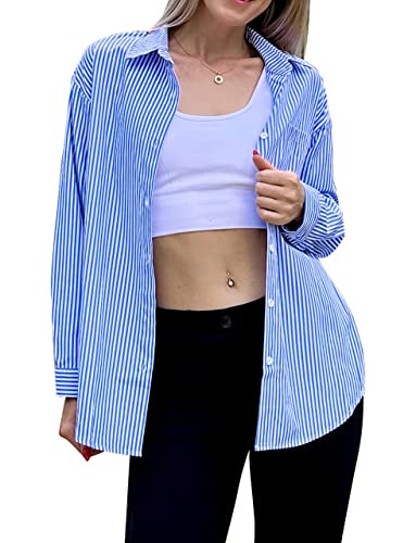 Houmous Womens Striped Button Down Shirts Long Sleeve Dressy Work Casual Blouse Oversized Button Up Shirt Tops w/Pocket（Blue Stripe,L | Amazon (US)