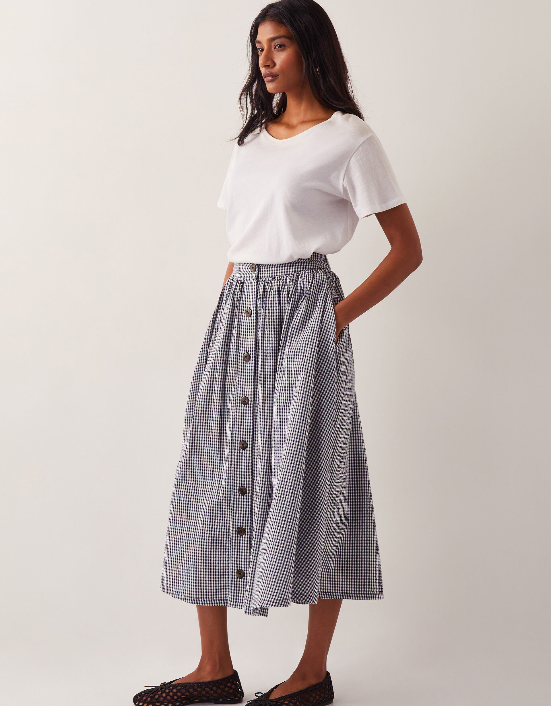 Bea Gingham Button Midi Skirt Blue | Monsoon (UK)