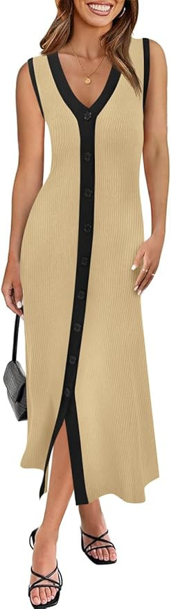 Saodimallsu Womens Summer Button Down Sweater Dresses Sleeveless V Neck Casual Ribbed Knit Color ... | Amazon (US)