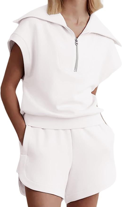 Meladyan Women Two Piece Outfits Tracksuit Half Zip Lapel Cap Sleeve Sweatshirt High Waist Drawst... | Amazon (US)