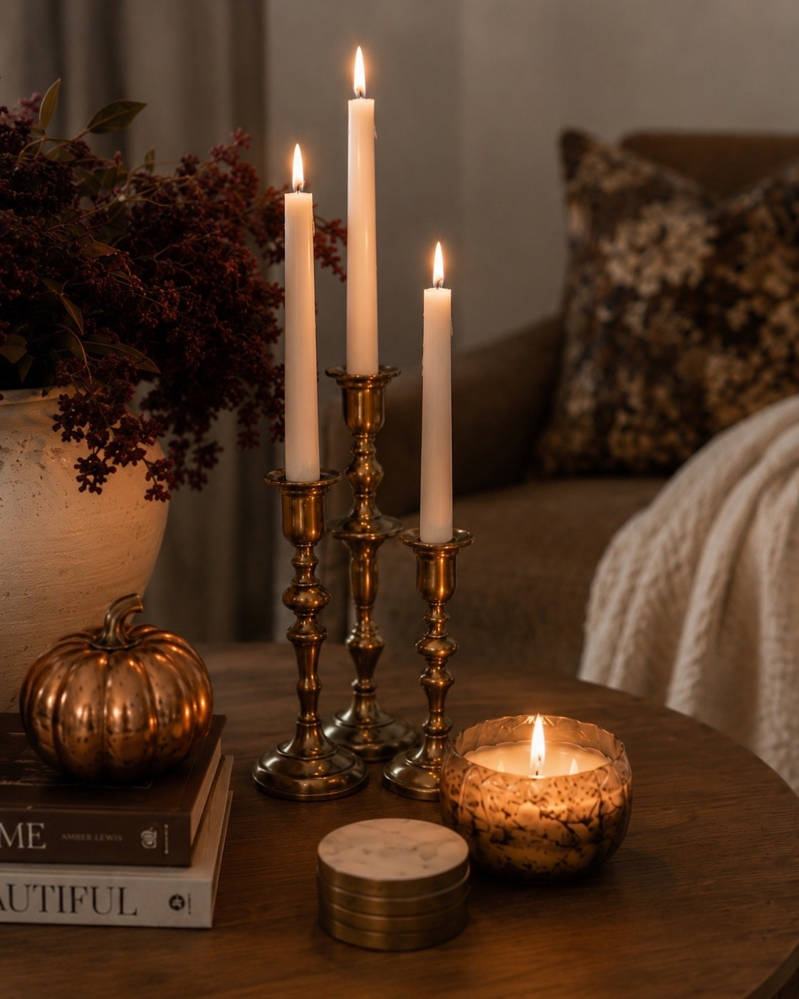 The coziest little fall moment 🍂🤎 Warm brass, candlelight, rich wood tones + the prettiest autumn details. Such an easy way to make your living room feel ready for fall!

#LTKSaleAlert #LTKSeasonal #LTKHome