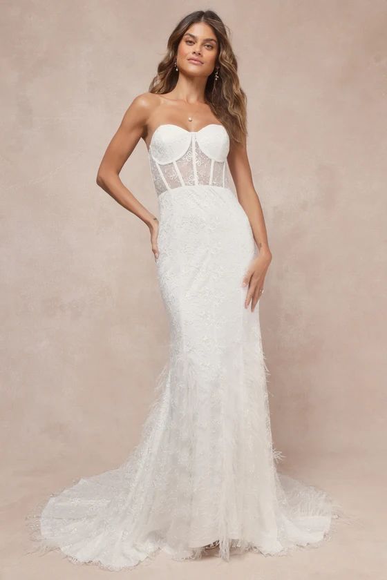 Ravishing Romance White Embroidered Feather Bustier Maxi Dress | Lulus