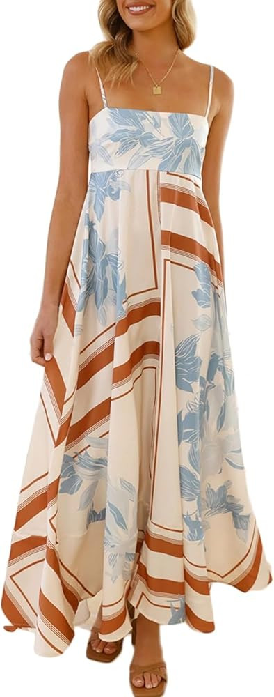 Women Summer Beach Boho Spaghetti Strap Smocked Floral Maxi Dress Casual Loose Flowy A Line Print... | Amazon (US)