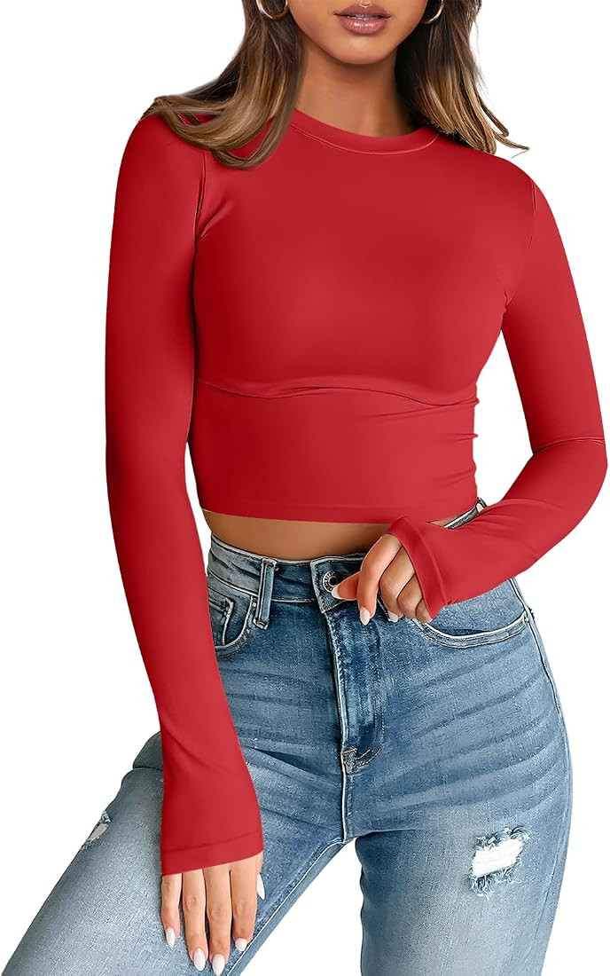 Trendy Queen Womens Long Sleeve Crop Tops Basic Slim Fitted Shirts Casual Fashion 2024 Going Out ... | Amazon (US)