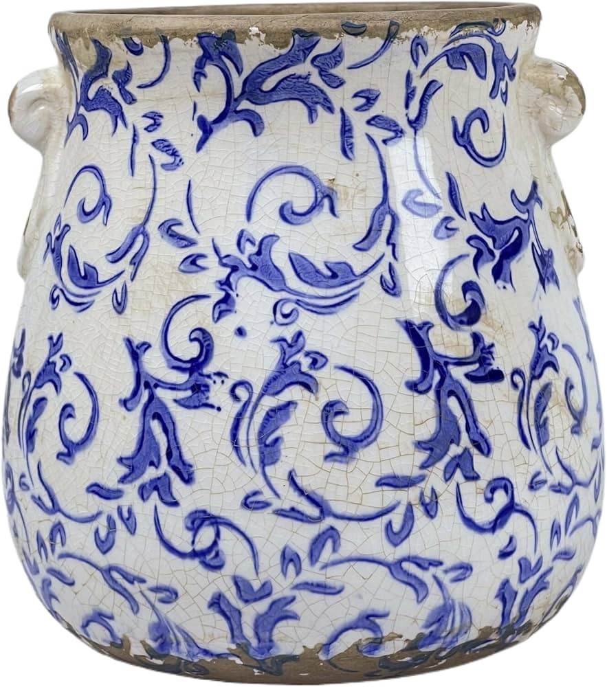 Vintage Grey Ceramic Ice Crack Glaze Flower Pot with Drainage Holes and With Handle, Country Rust... | Amazon (US)