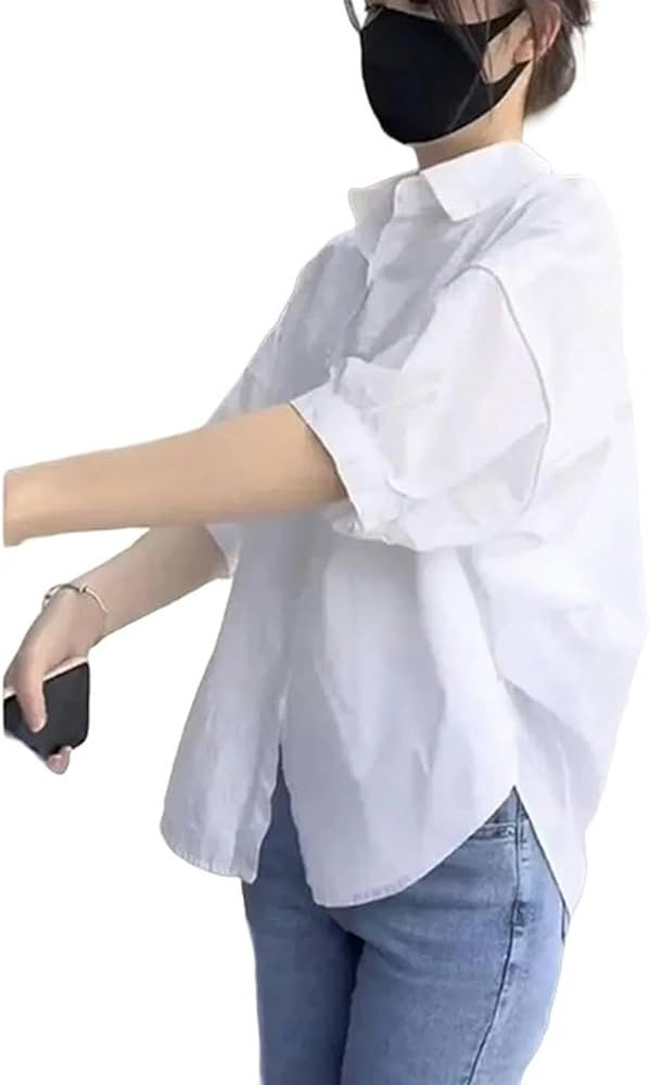 Women's Korean-Style Casual Vacation Shirt with Long Sleeves, Slimming Shirt, Loose Irregular Top... | Amazon (US)