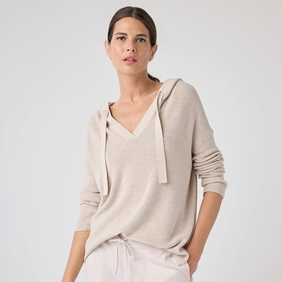 The White Company Ribbed Knitted Hoodie, Oatmeal, Size: M | The White Company UK & ROW