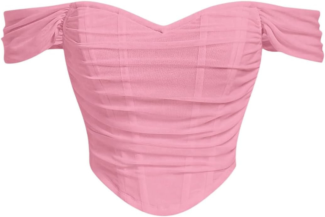 Floerns Women's Off Shoulder Short Sleeve Asymmetrical Hem Ruched Corset Crop Top | Amazon (US)