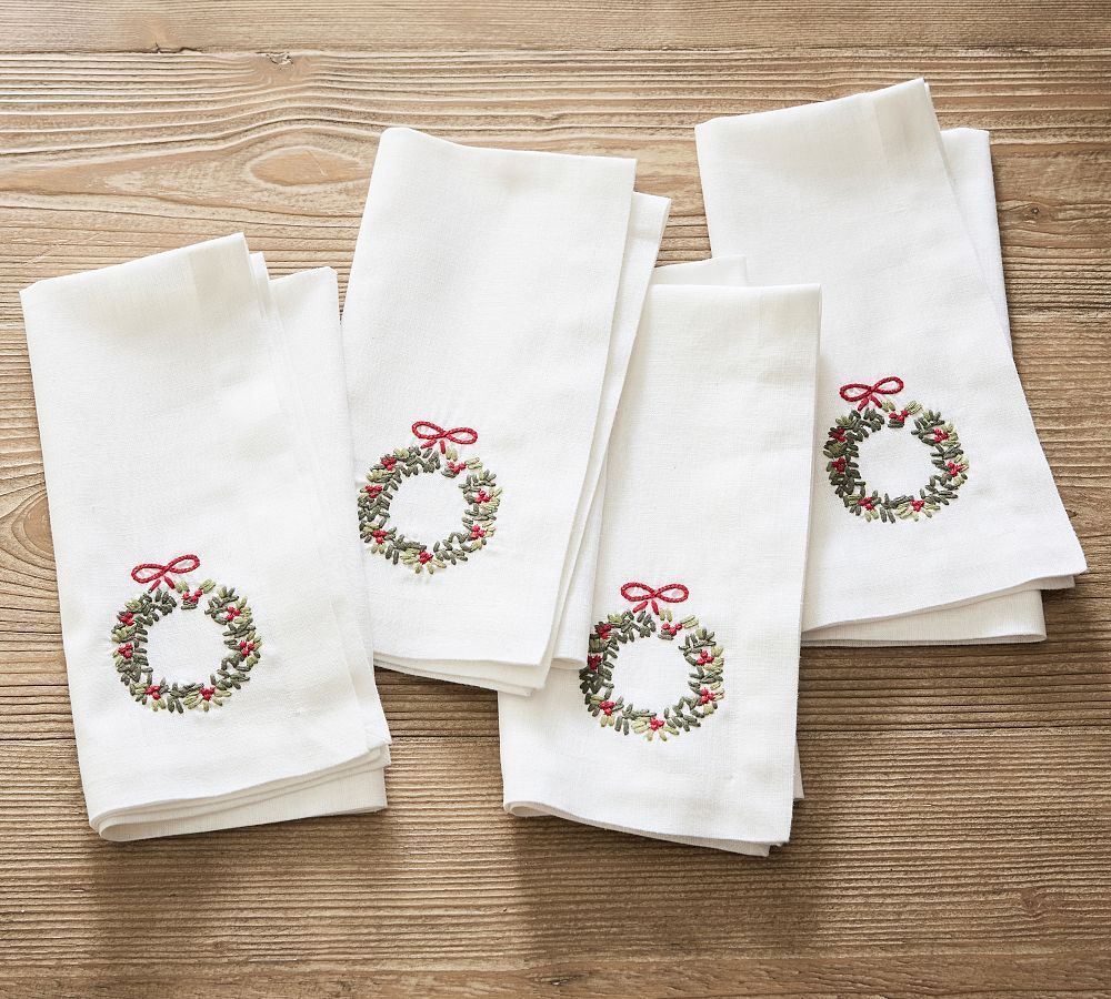 Holly Wreath Embroidered Napkins - Set of 4 | Pottery Barn (US)