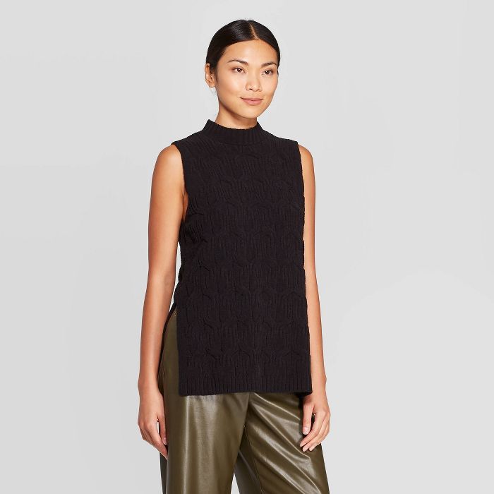Women's Sleeveless Mock Turtleneck Cable Tabard Sweater Vest - Prologue™ Black | Target