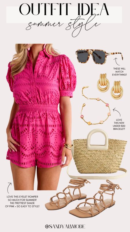 Summer style | elevated casual summer outfit | pink eyelet romper | straw shoulder bag | tortoise designer inspired sunglasses | pink dainty bracelet | chic summer style 

#LTKFindsUnder100 #LTKStyleTip #LTKSeasonal