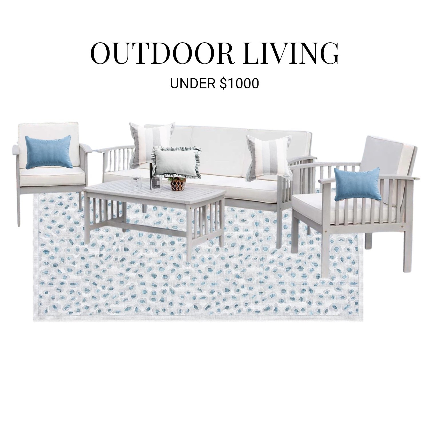Outdoor living on a budget. This entire five seat furniture set features a coffee table, a three seat sofa & two club chairs perfect for outdoor summer entertaining. Style it with a chic outdoor area rug & tie in all of the blue white & gray with some gorgeous Sunbrella pillows for all under $1000 total

#LTKHome #LTKSeasonal #LTKSaleAlert