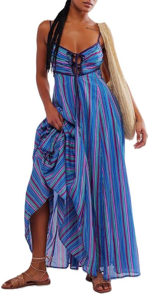 Women Y2k Tie Up Front Striped Maxi Dress Boho Floral Spaghetti Strap Backless Flowy Dress Beach ... | Amazon (US)