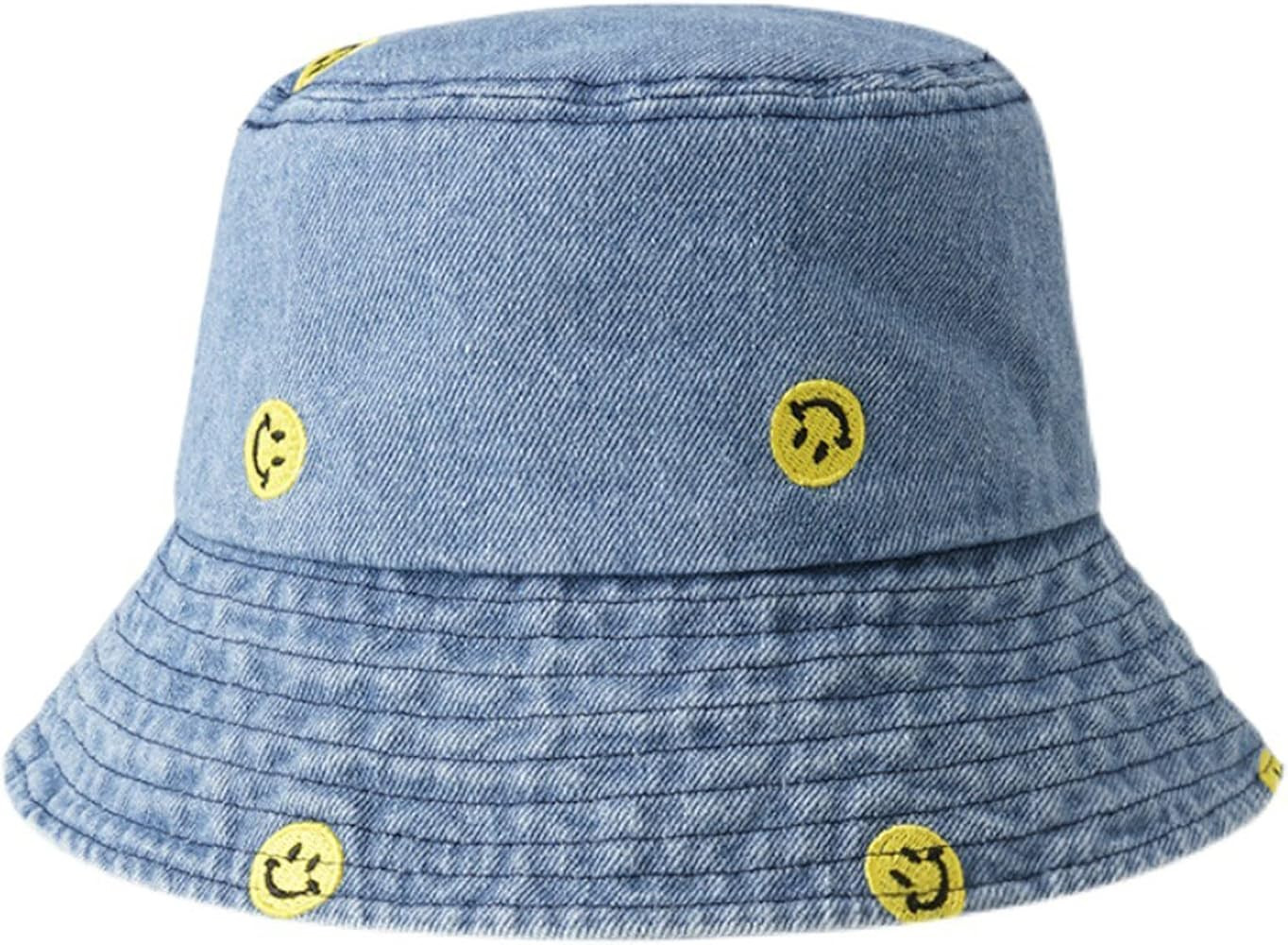 Fashion Denim Bucket Hat with Embroidered Smile Face Unisex Fishing Summer Travel Sun Hat for Women  | Amazon (US)