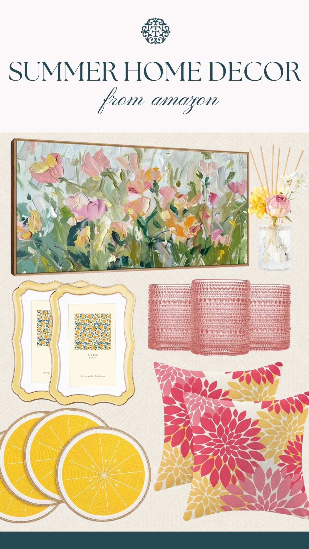 We picked some of our favorite summer home decor finds from Amazon, and the pink and yellow color palette makes everything feel so bright and cheerful. The floral artwork, citrus coasters, colorful pillows, and scalloped frames add the prettiest playful touch to any space. These pieces would be perfect for refreshing a living room, sunroom, or guest bedroom for summer.

#LTKSeasonal #LTKOver40 #LTKHome