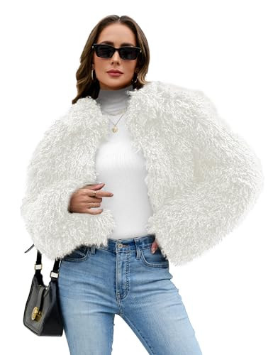 FIOPHY Womens Faux Fur Cropped Coats Fuzzy Long Sleeve Stand Collar Winter Jacket Open Front Cardigan Top Fluffy Warm Outwear White M | Amazon (US)