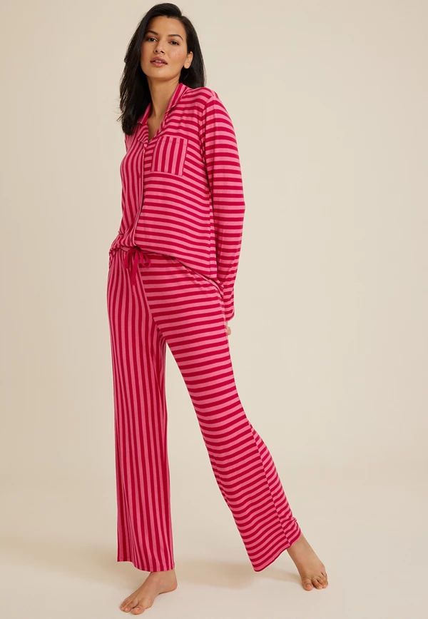 Pink Striped Button Down Top And Wide Leg Pajama Set | Maurices