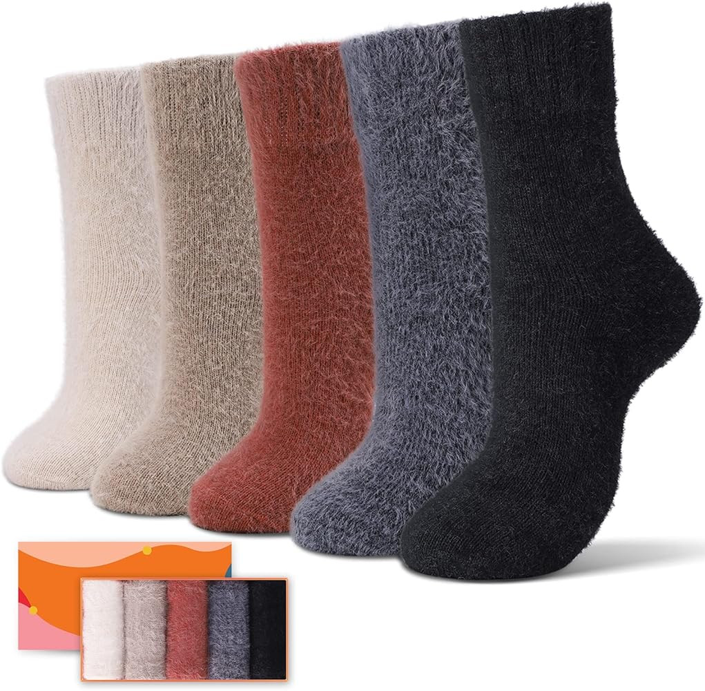 SISOSOCK 5 Pairs Fuzzy Socks for Women Winter Warm Wool Thick Socks Soft Cozy Womens Knit Sleep S... | Amazon (US)