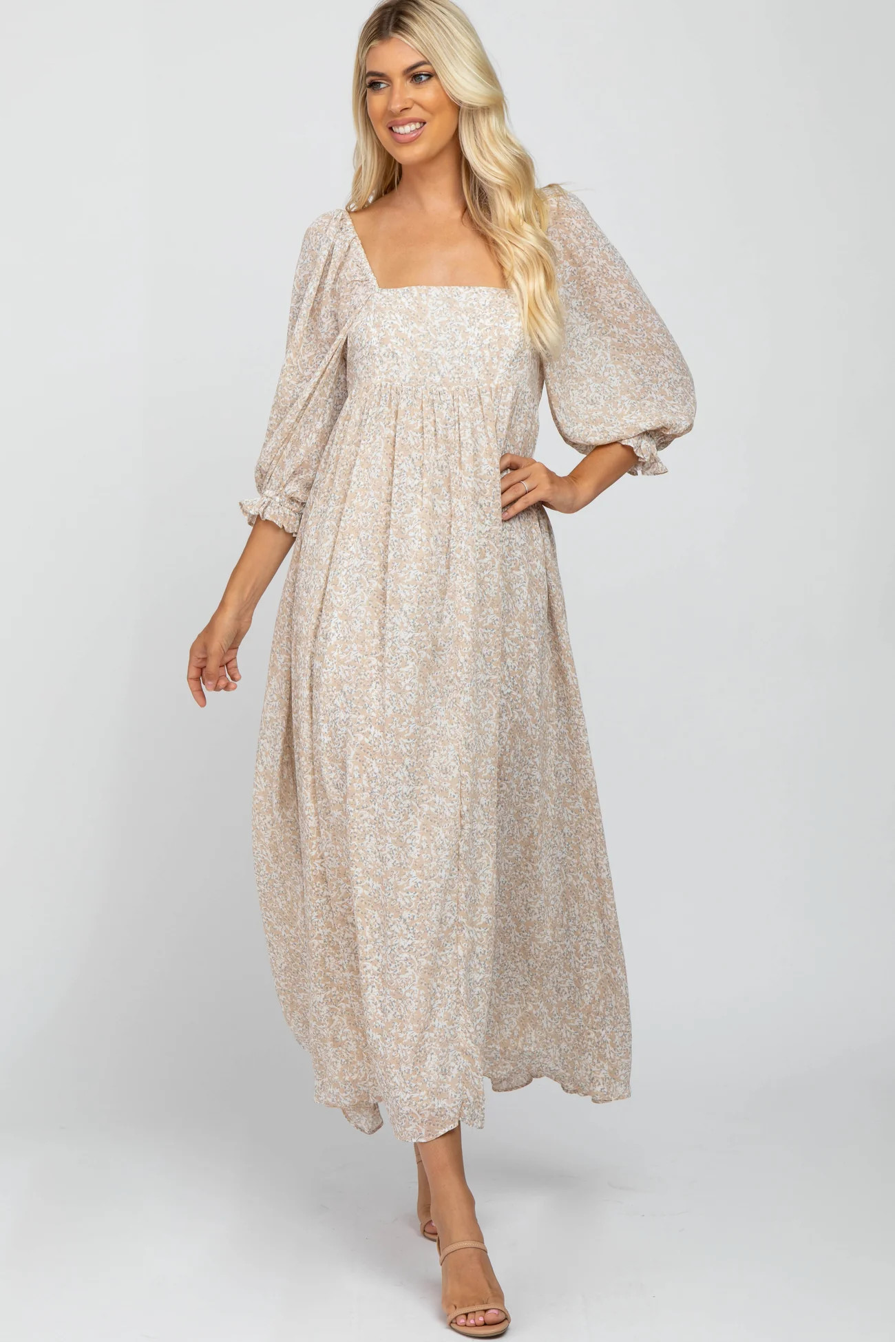 Beige Chiffon Printed Square Neck Empire Maxi Dress | PinkBlush Maternity