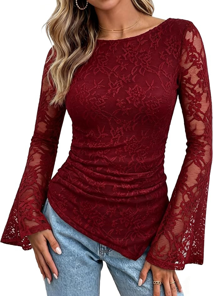 GRACE KARIN Womens Lace Top Sheer Bell Long Sleeve Boho Tops Fitted Asymmetrical Western Clothes ... | Amazon (US)