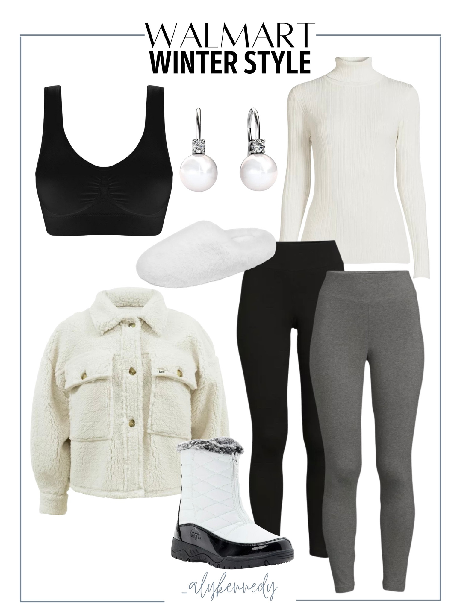 Walmart winter style, winter outfit, crop shacket, Sherpa, sports bra, bralette, leggings, 2 pack, slippers, snow boots, turtleneck, pearl drop earrings

#LTKstyletip #LTKSeasonal #LTKsalealert