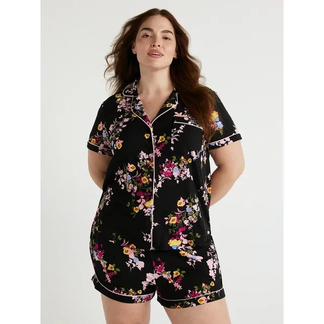 Joyspun Women's Knit Notch Collar Top and Shorts Pajama Set, 2-Piece, Sizes S to 3X | Walmart (US)