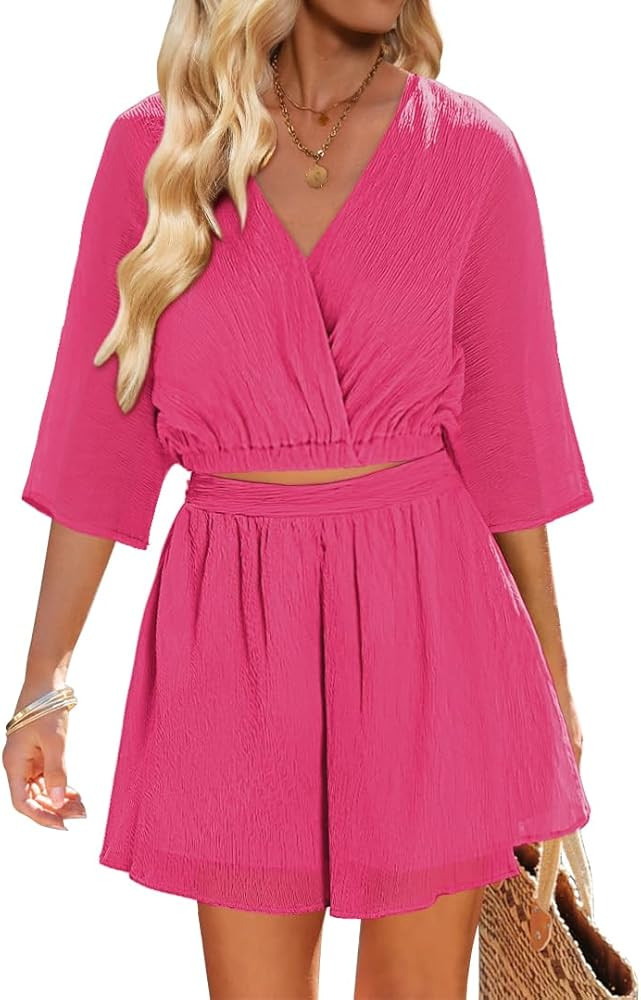 Vetinee 2 Piece Outfits for Women Summer Textured Crop Tops and Elastic Wasit Flowy Shorts Skort ... | Amazon (US)