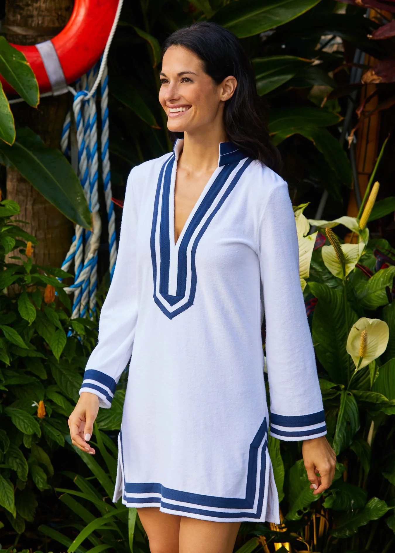 Women's White/Navy Trim Terry Tunic | Sun Protective Tunic | Cabana Life