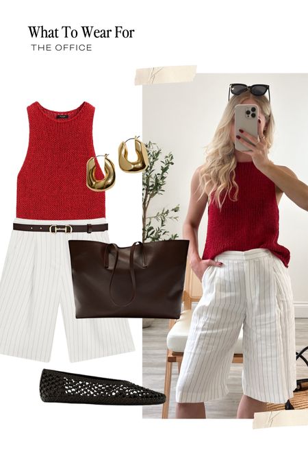 Office outfit for summer ☀️ 

Linen shorts, red knit, ballet flats, brown tote bag, workwear, massimo dutti 

#LTKsummer #LTKworkwear #LTKeurope