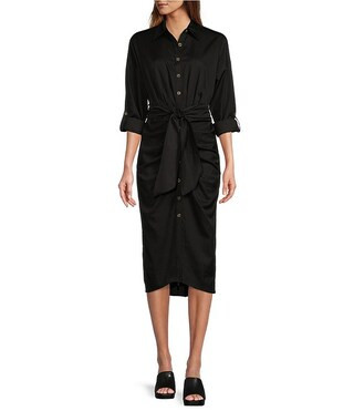 Roxanne Point Collar Long Sleeve Ruched Tie Waist Button Front Shirt Dress | Dillard's