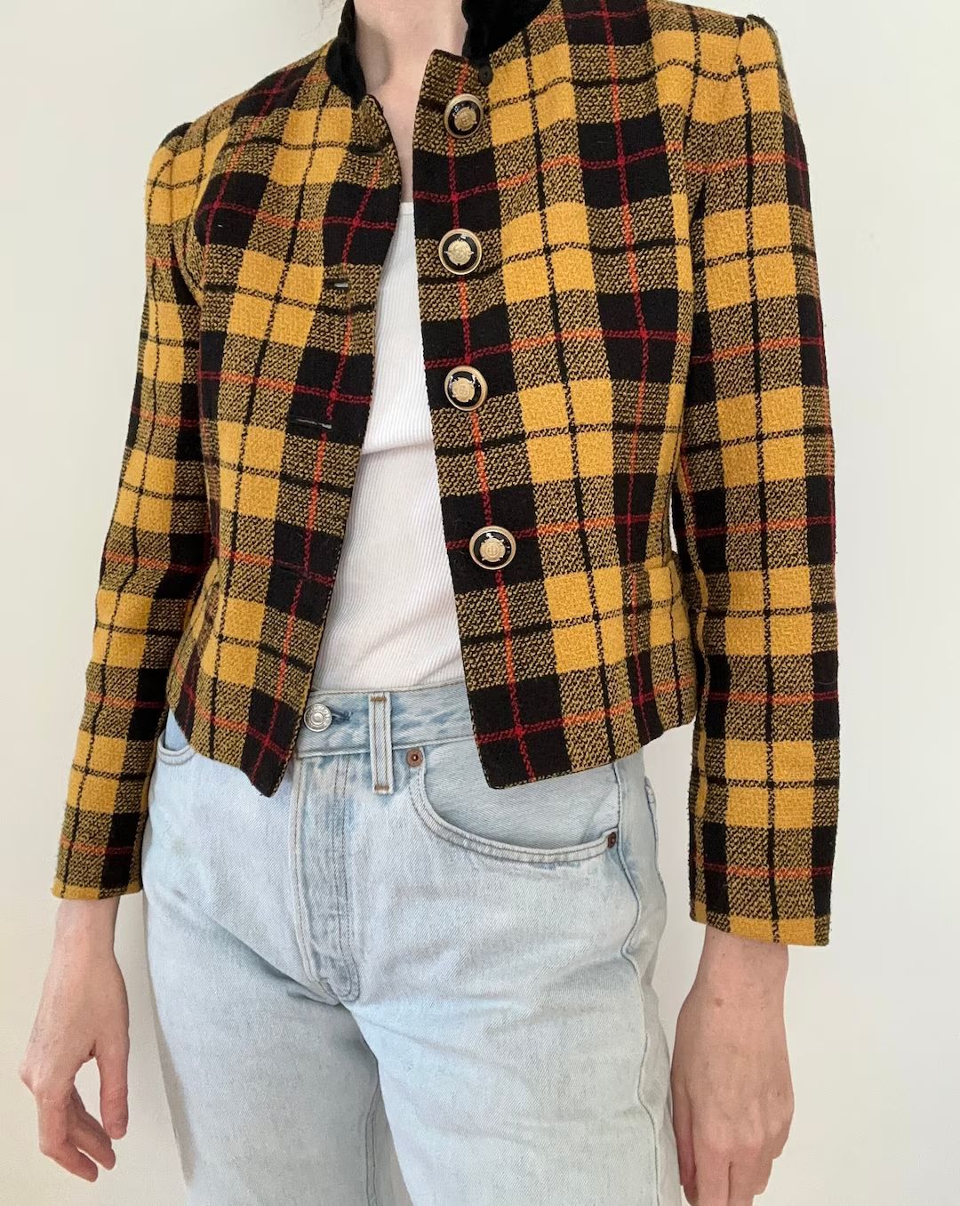 Vintage 90s plaid cropped blazer | yellow black red checkered tartan jacket button up collared cr... | Etsy (US)