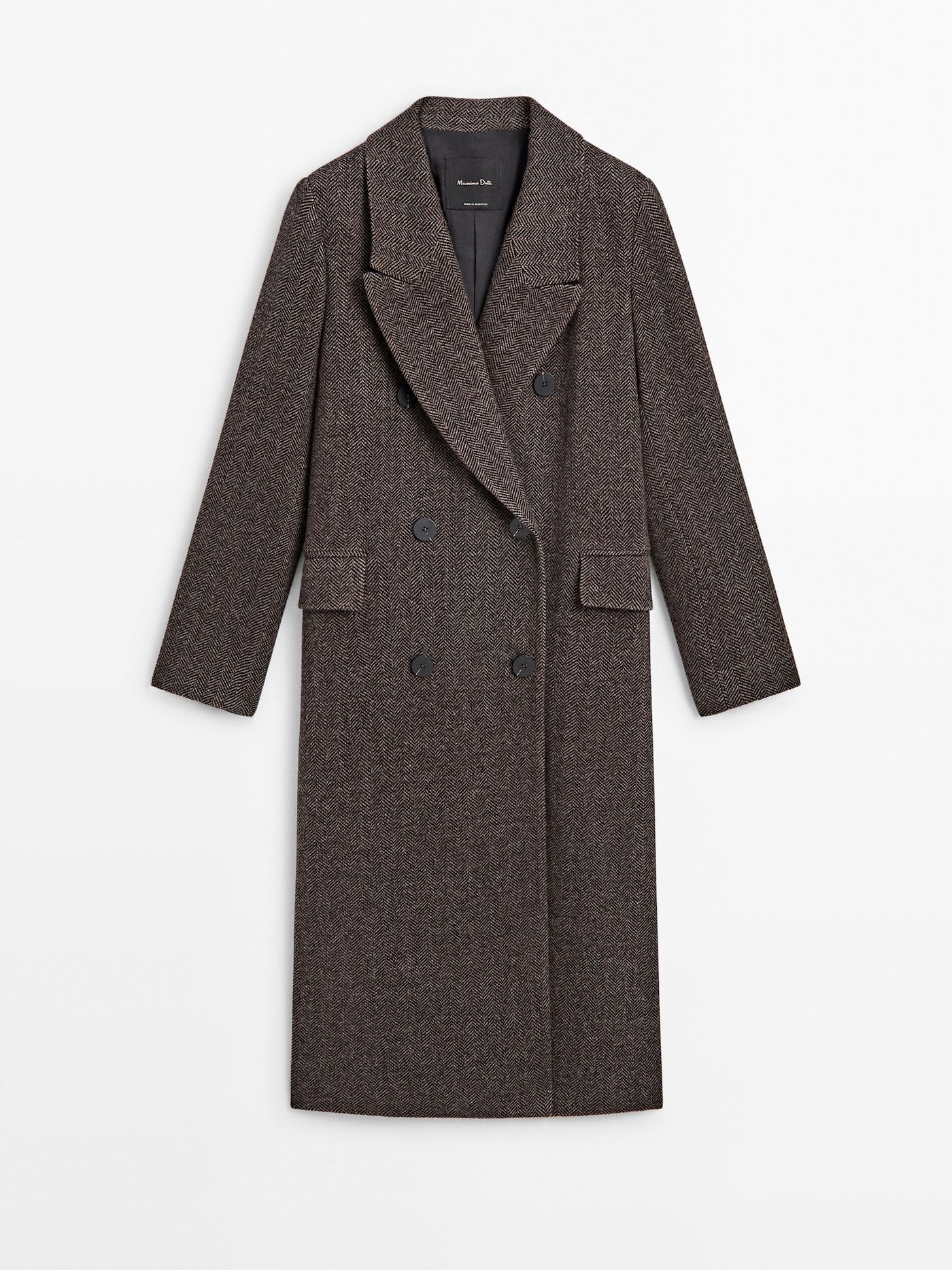 Long double-breasted wool blend herringbone coat | Massimo Dutti UK