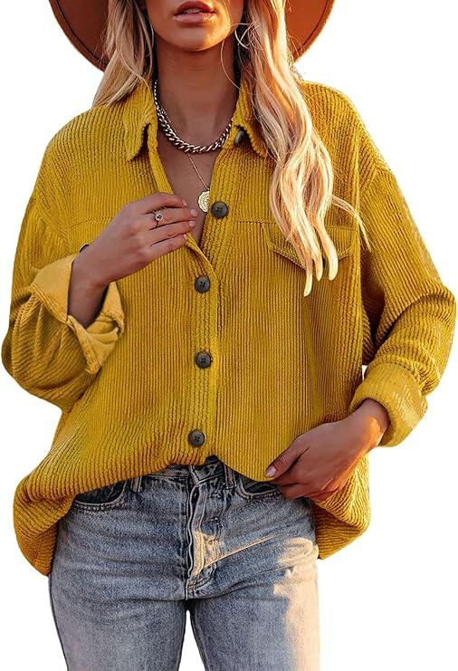 SHEWIN Womens Fall Shacket Jacket Corduroy Long Sleeve Button Down Shirt Collared Tops | Amazon (US)