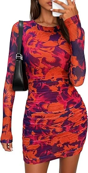 PRETTYGARDEN Women's Bodycon Mini Dress Tie Dye Print Ruched Mesh Long Sleeve Club Party Short Ca... | Walmart (US)