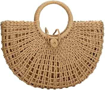 Amazon.com: Straw Bags for Women,Hand-woven Straw Top-handle Bag with Round Ring Handle Summer Be... | Amazon (US)