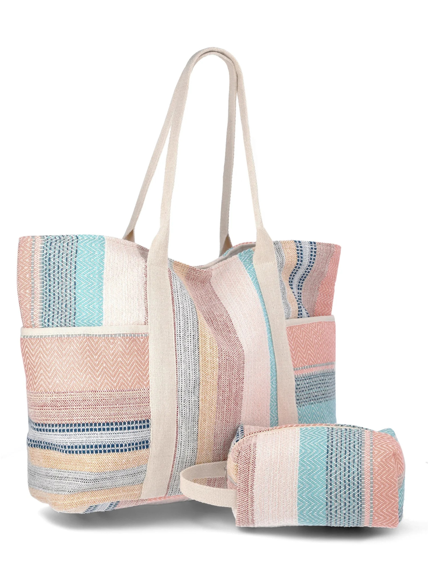 Time and Tru Women's Pocket Tote Handbag and Matching Pouch, Coral Multicolor Stripes | Walmart (US)