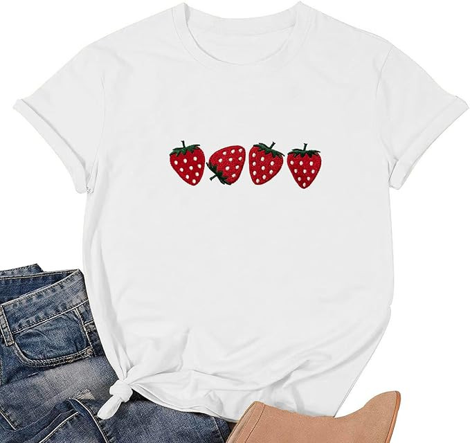 Strawberry Shirt for Women Fruit Graphic Tee Embroidered Strawberry T-Shirt Short Sleeve Gardener... | Amazon (US)