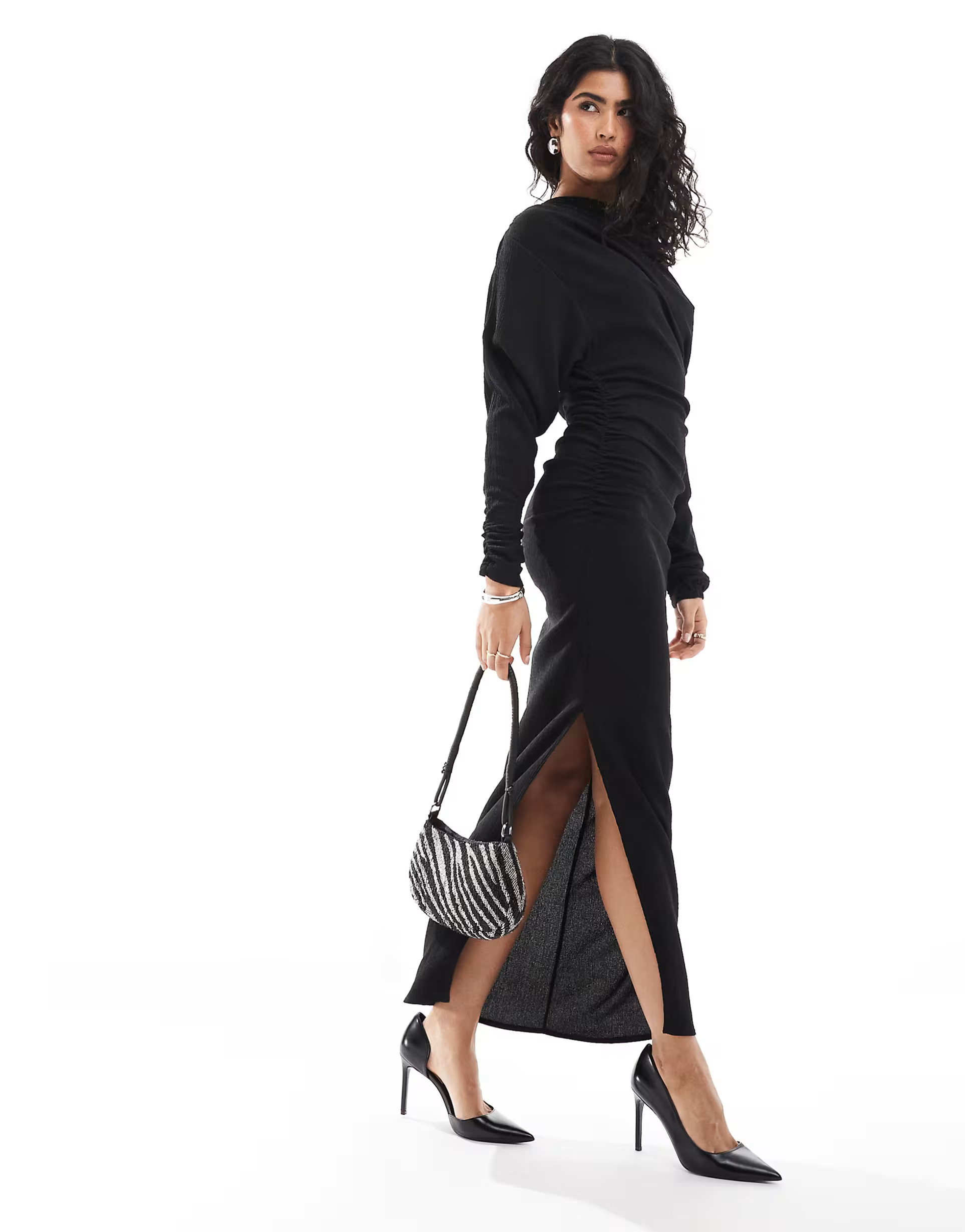 ASOS DESIGN textured slash neck draped midi dress in black | ASOS | ASOS (Global)