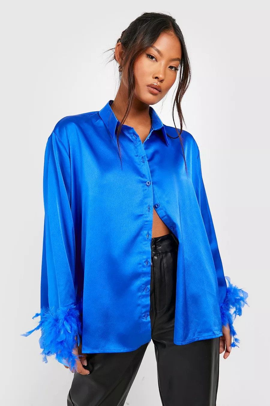 Petite Oversized Feather Cuff Shirt | Boohoo.com (US & CA)