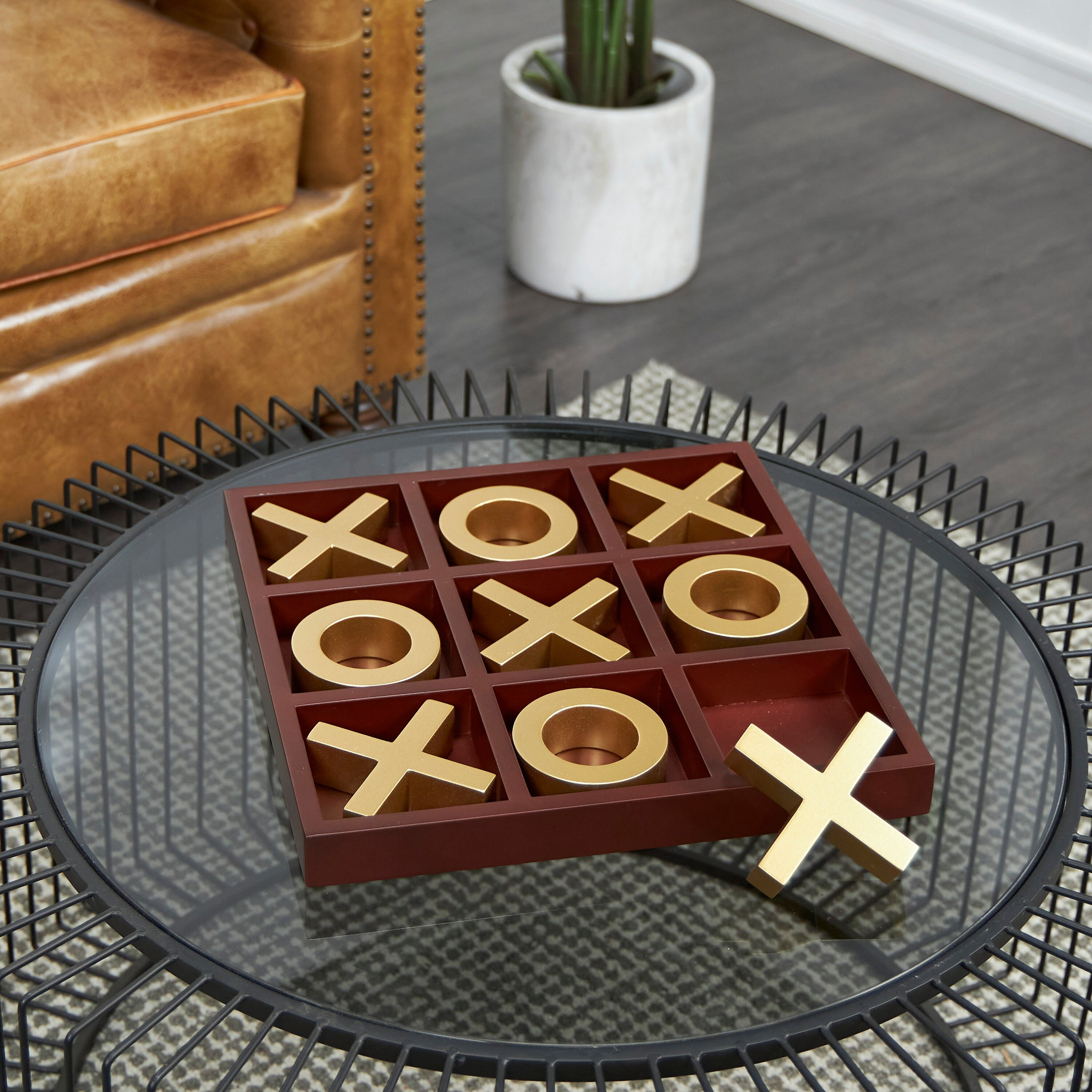 Brown Wood Tic Tac Toe Game Set with Gold X and O Pieces | Bed Bath & Beyond