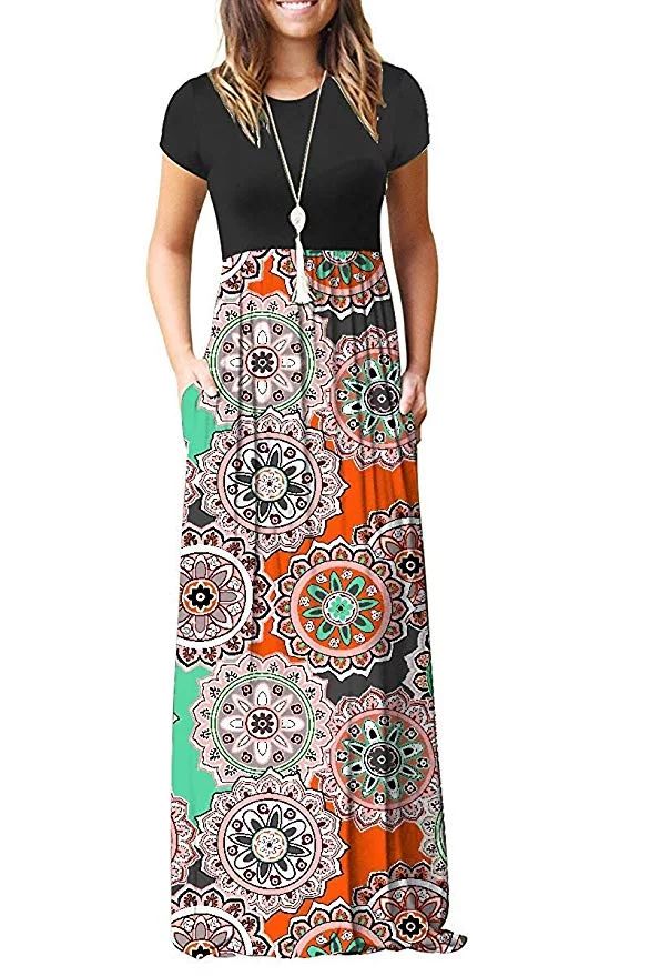 Women Short Sleeve Loose Plain Casual Long Maxi Dresses With Pockets | Walmart (US)
