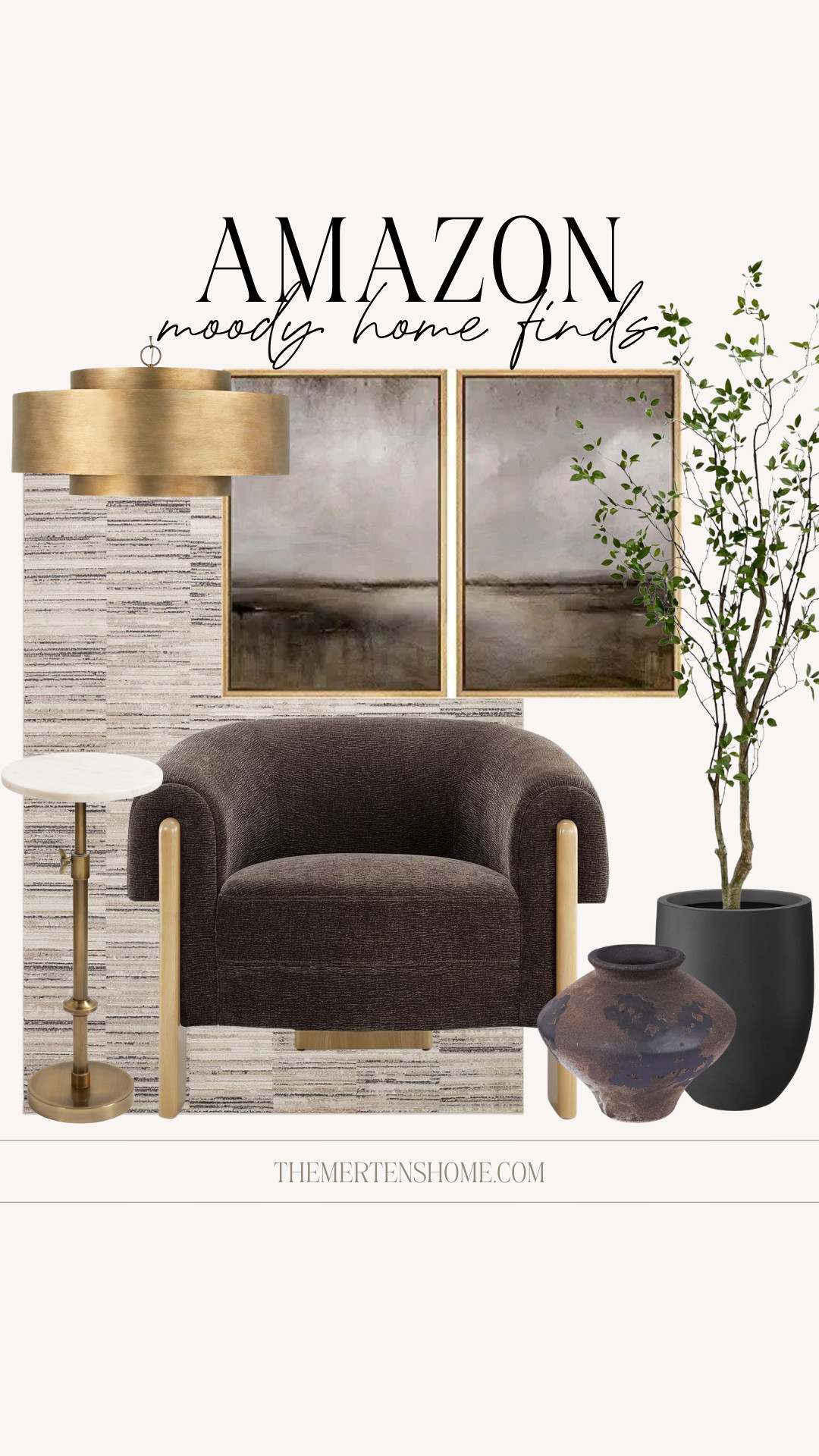 Moody home finds from Amazon 🤍 Rich tones and cozy pieces that add depth to any space, including a statement chair, art, warm lighting, a textured vase, and a faux tree that brings it all together. 

 #LTKHome