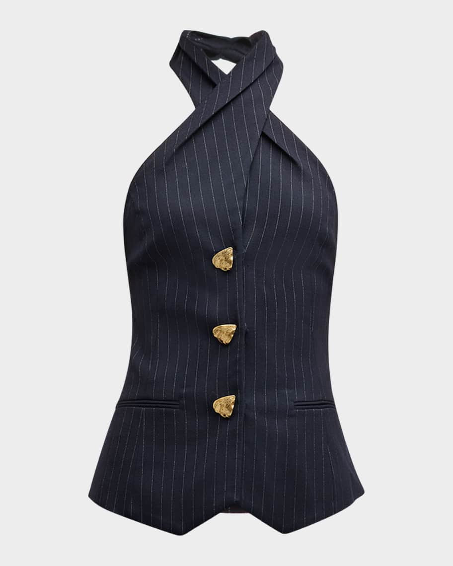 Halter Button-Front Pinstripe Tailored Blouse | Neiman Marcus