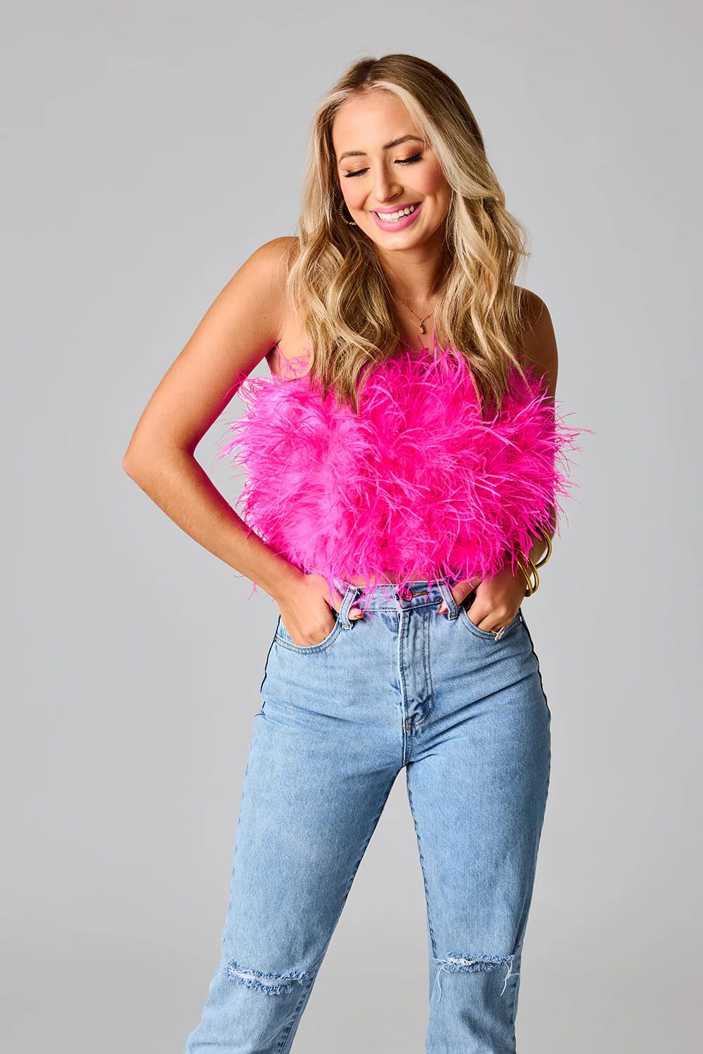 BuddyLove | Fancy Strapless Feather Crop Top | Hot Pink | BuddyLove