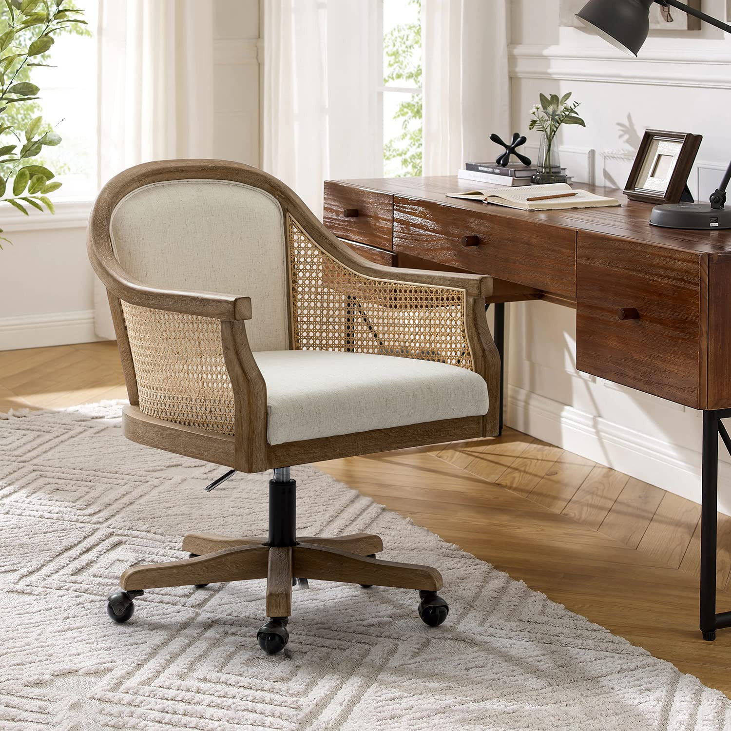 HULALA HOME Rattan Desk Chair, Upholstered Home Office Chair, Vintage Office Chair with Armrest, ... | Amazon (US)