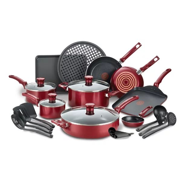 T-fal Kitchen Solutions 22-Piece Nonstick Cookware Set, Thermospot, Red | Walmart (US)